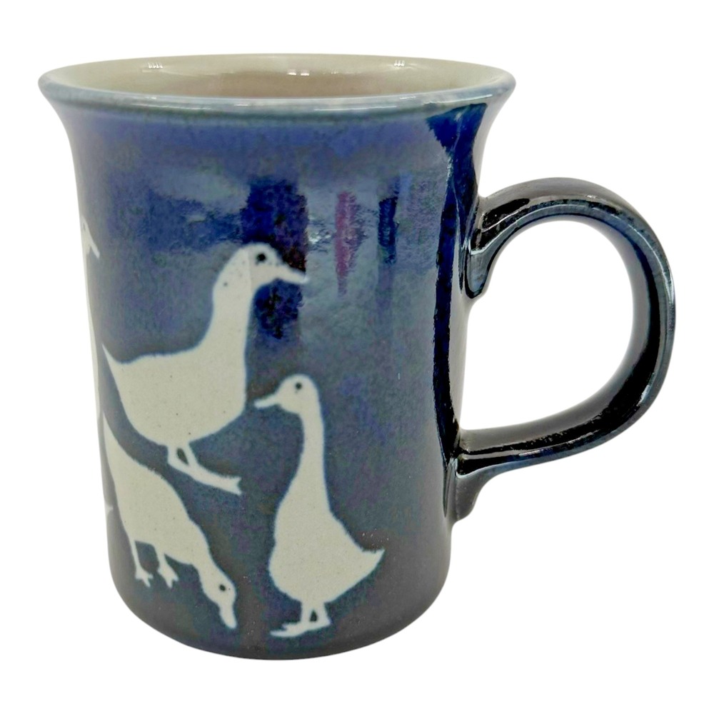 1980s Cobalt Blue Geese Stoneware Coffee Mug Country Folk Art Goose Vintage